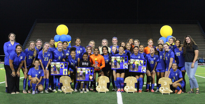 The Golden Eaglettes honored the four seniors before Monday's win over Giles County. (From left to right) Mary Grace Marshall (6), Yasmine McFarland (10), Britzel Hayitin (7), and Karen Camarillo (3).