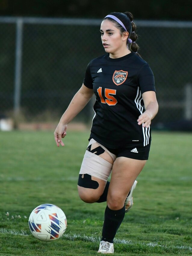 Olivia Winnett (15) netted a first-half hat trick on Tuesday night to lead the Lady Champions to their fifth-consecutive District 9-A Championship game.