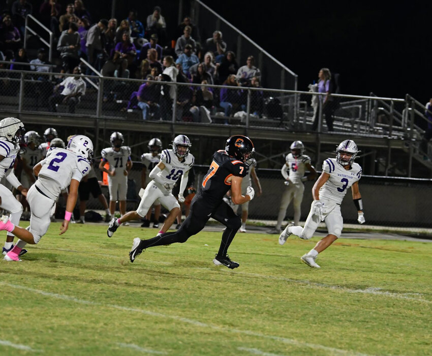 Andrew Dowell (7) hauled in two passes for 36 yards, including this 33-yard catch-and-run in the first quarter. He also registered numerous tackles for the Champions in the tough loss to Watertown on Friday.
