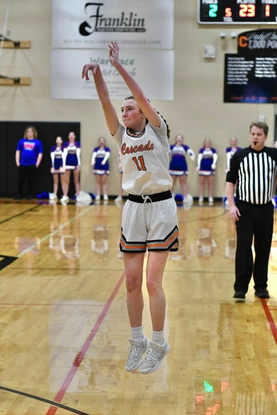 Lizzie Keele (11) connects on one of her six made three-pointers in Tuesday's win over Huntland. Keele finished with a season-high 29 points.
