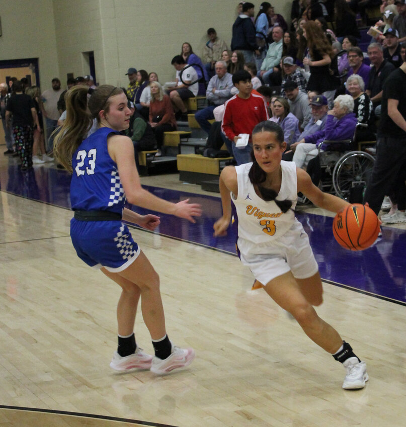 Anna Haskins (3) drives past Summertown's Zoei Bonner (23). Haskins led the Viqueens with a team-high 23 points in Friday's loss against the Lady Eagles.