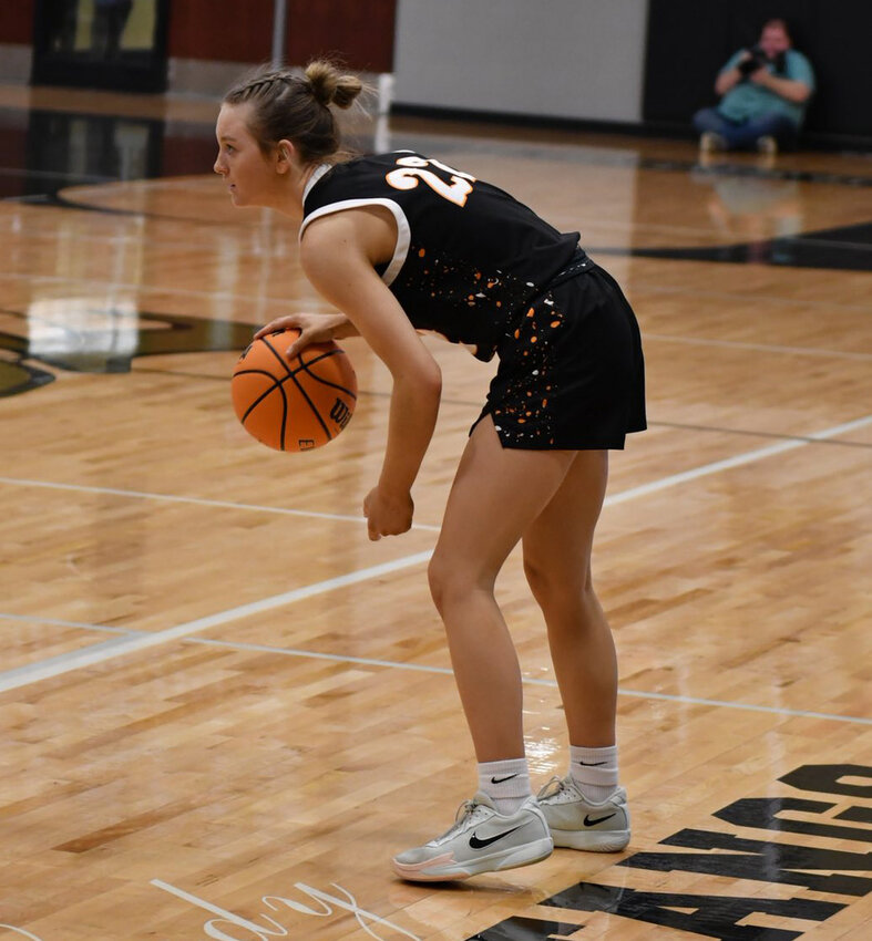 Cascade's Kaegan Young (22) surveys the Loretto defense during Friday night's District 9-AA road win. Young led the Lady Champions with 23 points, seven rebounds, and two steals against the Lady Mustangs.