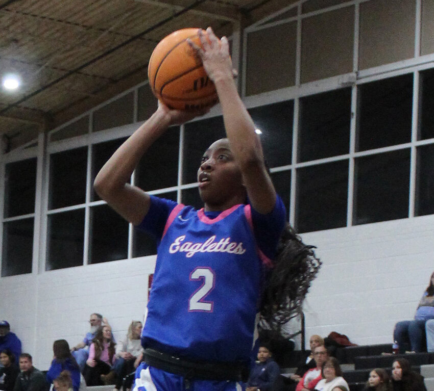 Shelbyville Central's Janiya Leslie (2, pictured at Tullahoma) kept the Eaglettes season alive with a 30-foot heave to beat the buzzer in Monday's District 6-4A play-in game.