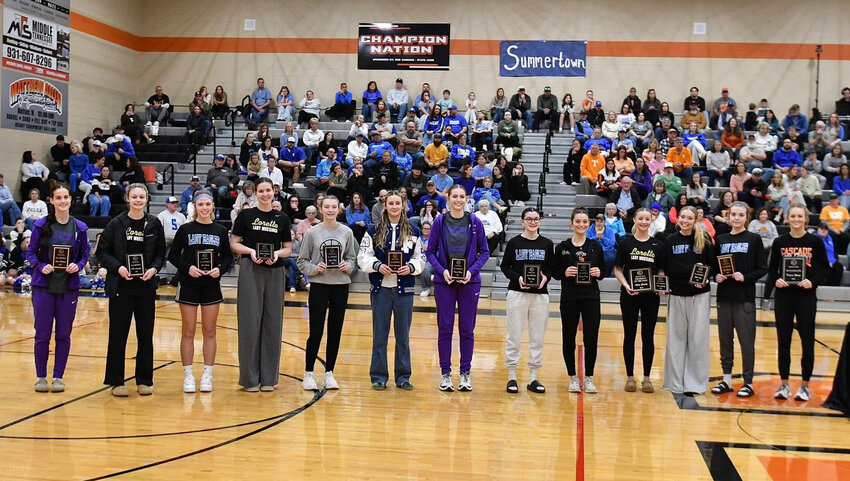 The girls' All-District 9-AA Season Team featured three players from Cascade and two from Community. (From left to right) Community's Anna Haskins, Loretto's Ally Augustin, Summertown's Ella Busby, Loretto's Sophie Weathers, Cascade's Lizzie Keele, Chapel Hill's Baeliy Stalnecker, Community's Alyssa White, Summertown's Tess Long, Cascade's Caroline Parker, Loretto's Alexa Crosby, Summertown's Gabi Long as well as Freshman of the Year Zoei Bonner, and D9-AA MVP, Kaegan Young from Cascade.