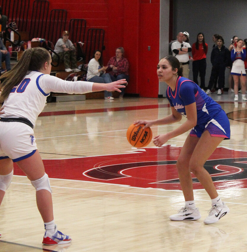 Shelbyville Central's Jayda Frazier (5) resets the offense in the fourth quarter of Monday's loss to Lincoln County. Frazier finished with 12 points, including five in the fourth to give the Eaglettes a chance to win at the end.