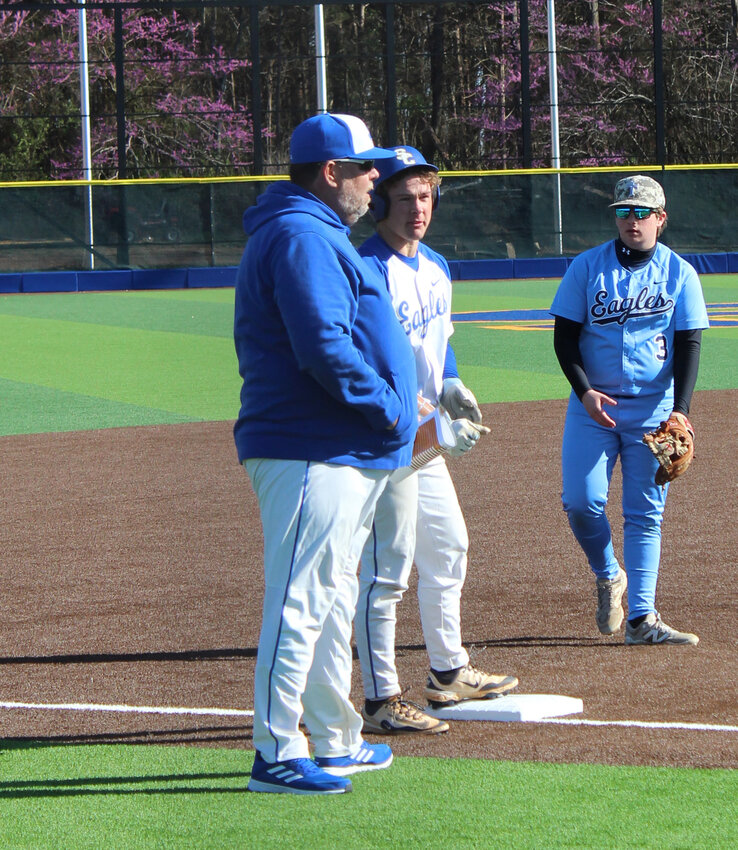 Shelbyville Central's Stephen Bobo (15) stands on third base after his first-inning leadoff triple in Tuesday's win over Tipton Christian Academy. The junior tallied his 100th career base hit with the Golden Eagles later on in the fifth inning.
