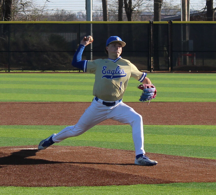 Shelbyville Central's Braxton Vari (1) delivers a pitch against Community on Tuesday. Vari came in for the hampered Stephen Bobo in the top of the second, pitching the final 6.0 innings and giving up just a single unearned run on five hits and one walk with five strikeouts on 72 pitches.