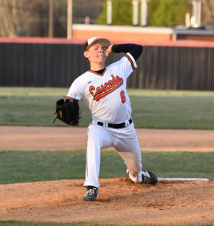 Cascade's A.J. Manus (6) delivers a pitch against in Tuesday's loss to Loretto. Manus pitched 5.0 innings and struck out seven batters.