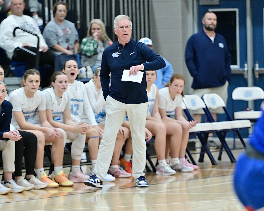 Chad Spencer (pictured) patrols the sidelines at Moore County. He was hired as the new head coach of the historic Shelbyville Central Golden Eaglettes program on Wednesday, Mar. 18. In his most recent stint at Moore County, the Shelbyville Central alumnus led the Raiderettes to back-to-back Class A State Tournament appearances, and finishes his run in Lynchburg with a record of 95-37 over five seasons.