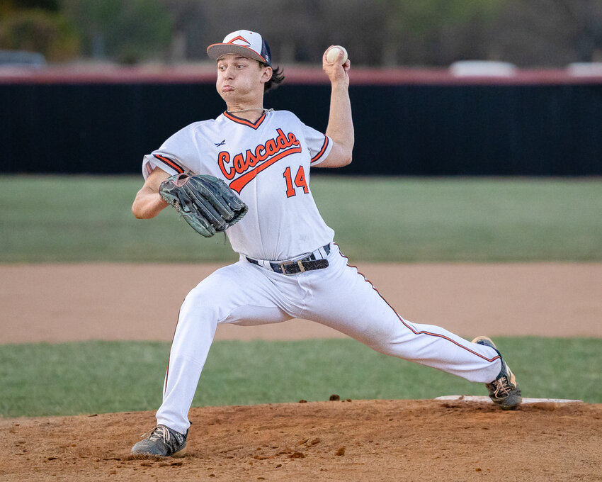 Cascade's Jayden Hathcock (14) pitched a complete-game shutout to secure a series split against Chapel Hill on Tuesday night. Hathcock gave up just one hit and one walk with eight strikeouts on just 83 pitches.