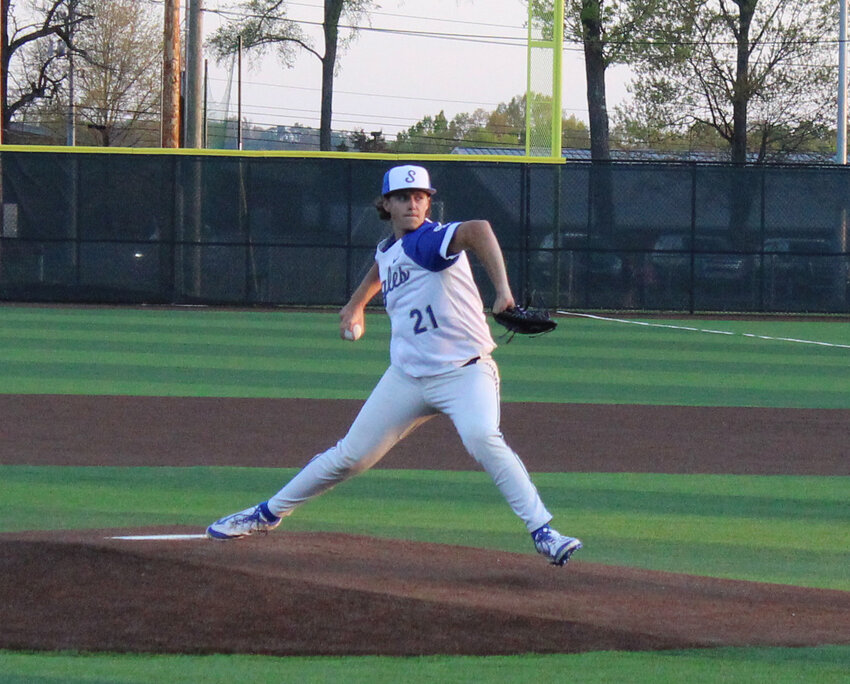 Shelbyville Central's Kaleb Maillet (21) fires one of his 115 pitches in Tuesday's complete-game shutout over Coffee County. Maillet struck out seven batters, walked none, and gave up just five hits in the win.