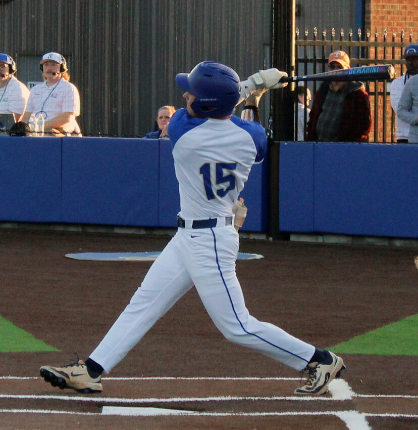 Shelbyville Central's Stephen Bobo (15) lines a single into the outfield in his first at-bat on Thursday. Bobo reached base in all four plate appearances, finishing 2-for-2 with two walks at the top of the lineup.