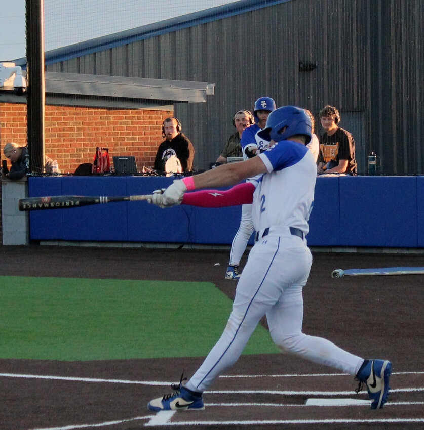 Shelbyville Central's Caden Peacock (2) launches a 2-run home run in the bottom of the first inning of Thursday's win against Hendersonville.