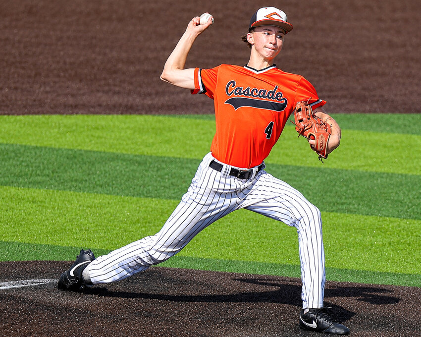 Cascade's Caleb Crouch (4) pitched a gem against White House Heritage on Wednesday afternoon in his final start of the season, despite being tagged with the loss. Crouch pitched 6.0 innings of one-run ball, giving up just six hits and two walks while striking out four batters against a powerful Patriots' lineup.