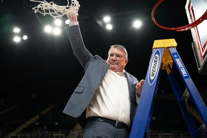 Rick Insell (pictured) cuts the nets after winning his 10th and final conference tournament championship in his 21-year career at Middle Tennessee.