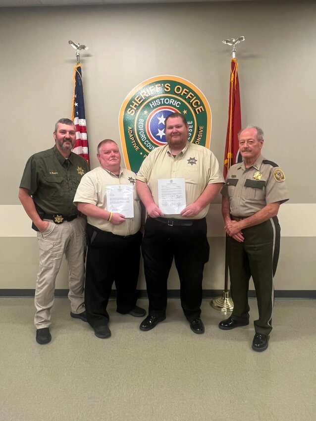 Tier 1 Accreditation achieved by BC Jail. From left, Nikia Elliott, deputy chief; Chris Cook, lieutenant and MRT director; Ronnie Prince, jail administrator; and Austin Swing, sheriff.