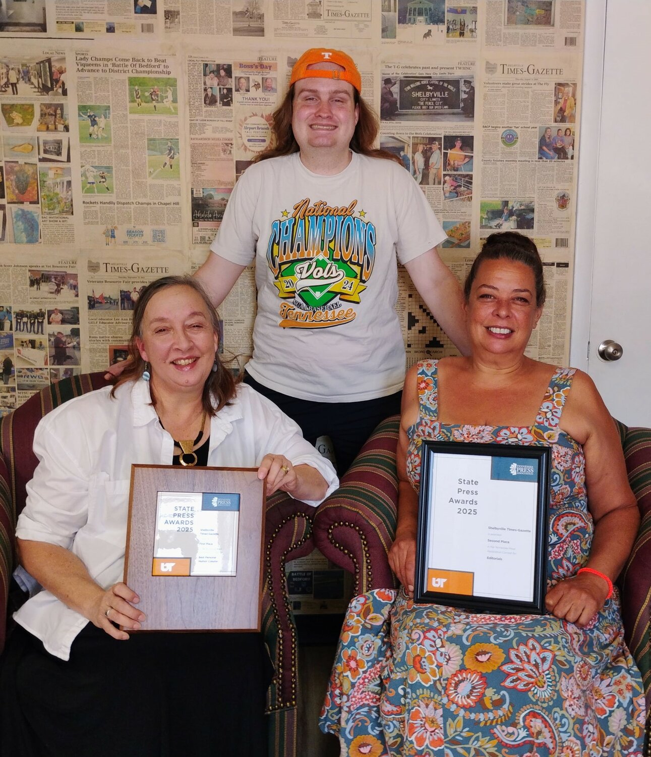 Great teamwork by the Shelbyville Times-Gazette Staff. The T-G took home a first place and two other places this year during the Tennessee Press Association Conference. From left, Dawn Hankins, editor; Noah Maddox, sports editor; and Renee Brown, T-G office manager. Not pictured, but a vital part of the production team, is Jeremy Smith.