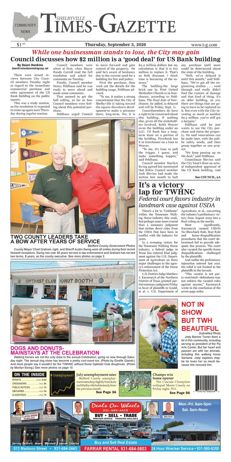 Shelbyville E-Edition digital tablet displaying local community news headlines