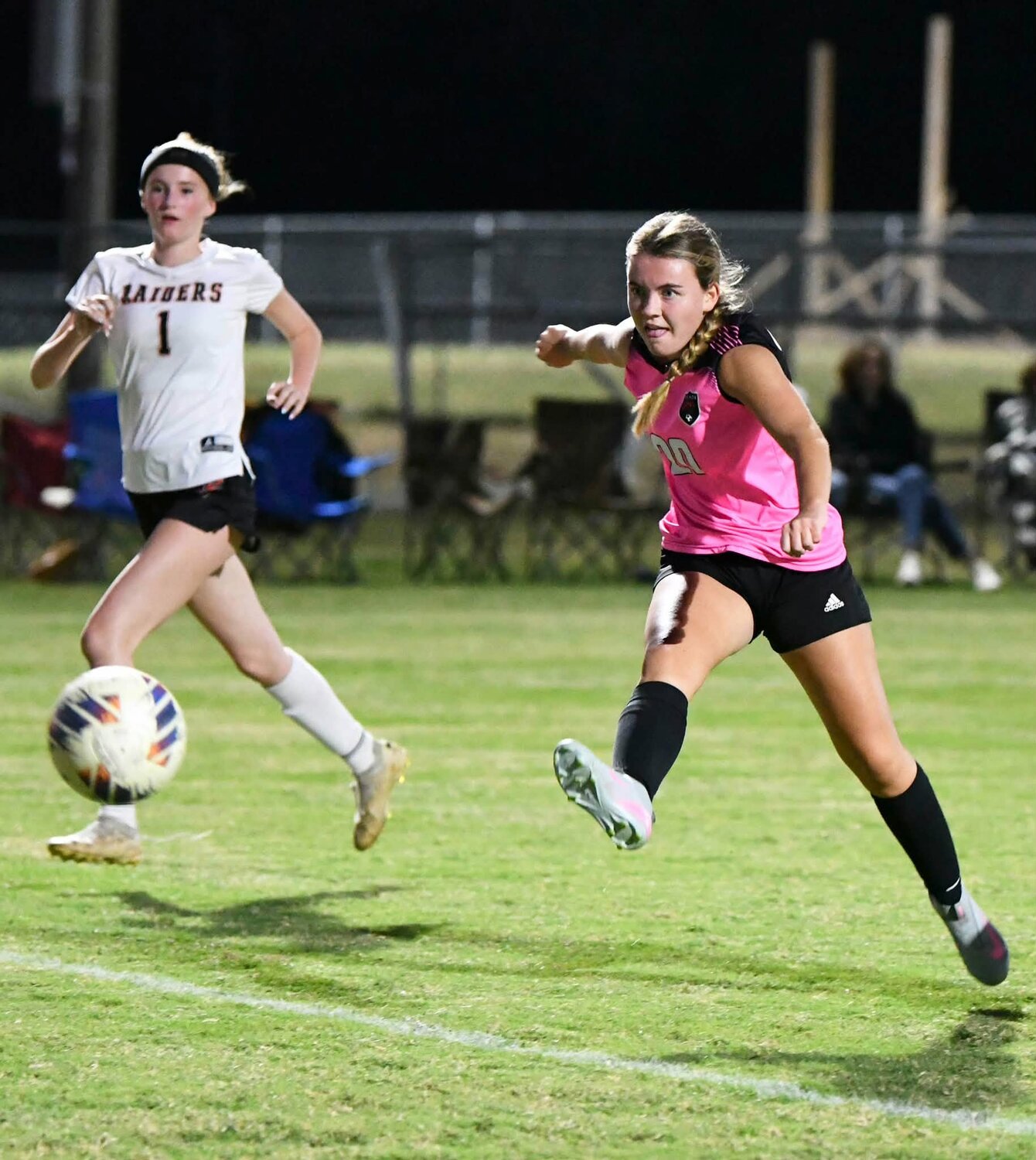 Cascade's Kyla Pulley (20) shoots on target against Richland, breaking the 0-0 deadlock in the 25th minute with her fifth goal of the season.