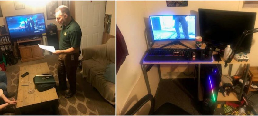 L: FCSO Detective Lashbrook reading the search warrant on January 23, 2020. R: Cousins&rsquo; computer setup in his room