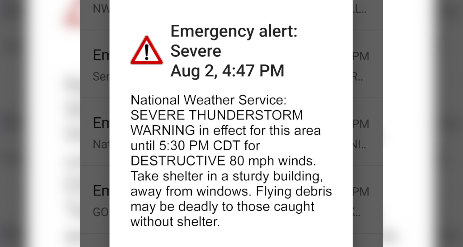A test alert showing the National Weather Service's new damage severity tag