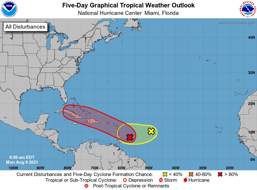 The National Hurricane Center's five-day outlook as of 8:00 August 9