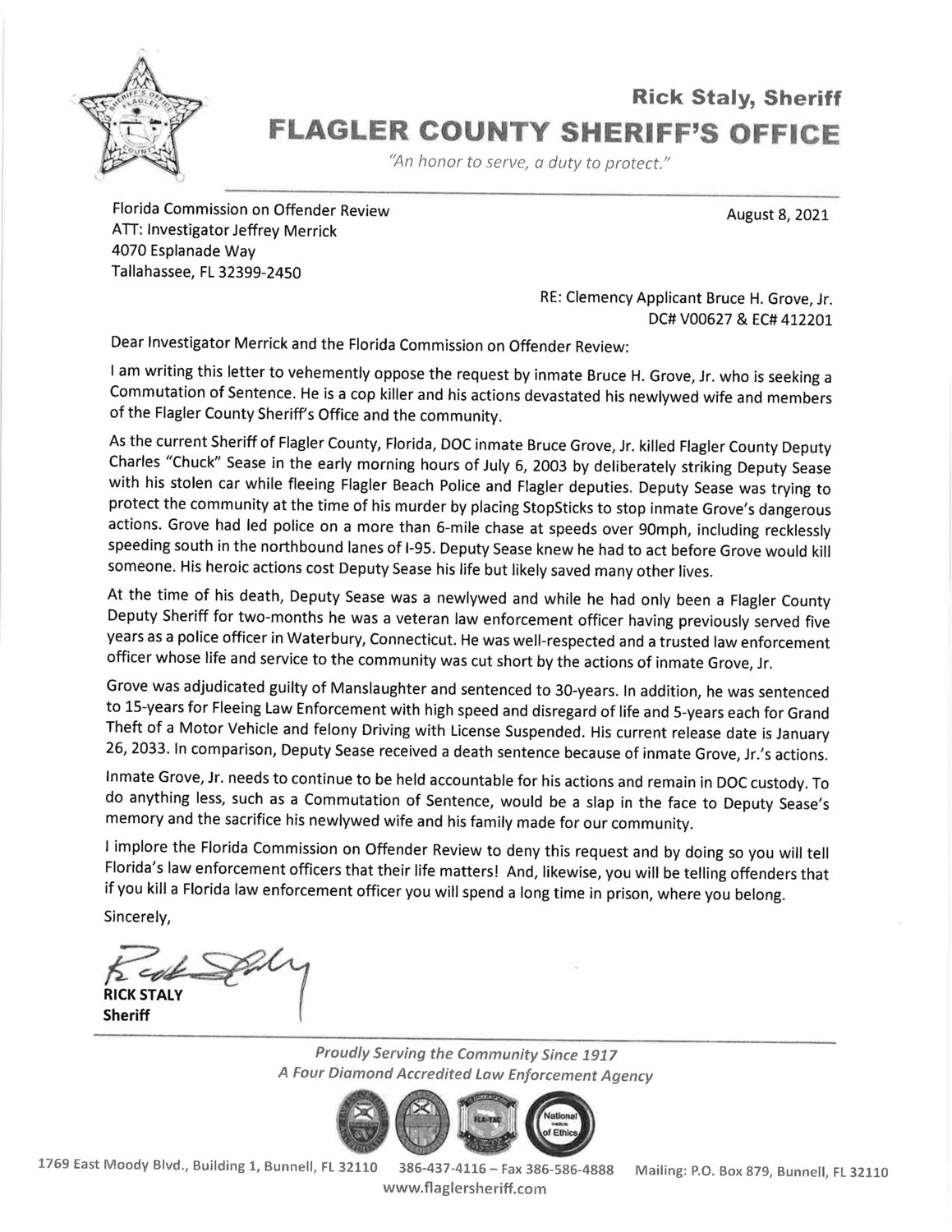 Sheriff Rick Staly's letter to the Florida Commission on Offender Review