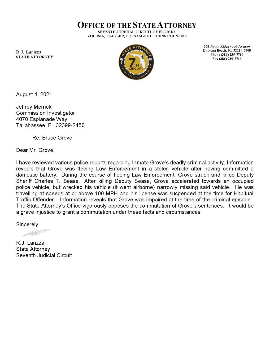 State Attorney RJ Larizza's letter to the Florida Commission on Offender Review