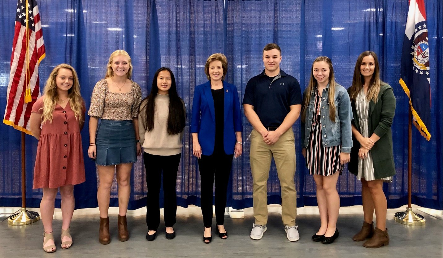 Students from Leeton attend a  Youth Leadership Summit on Oct. 14 at State Fair Community College in Sedalia. From left, Hailey Bingaman, Regan Shaffer, Judi Cavender, Congresswoman Vicky Hartzler, Justin Floyd, Emily Taylor and Jessica Shaffer, teacher.