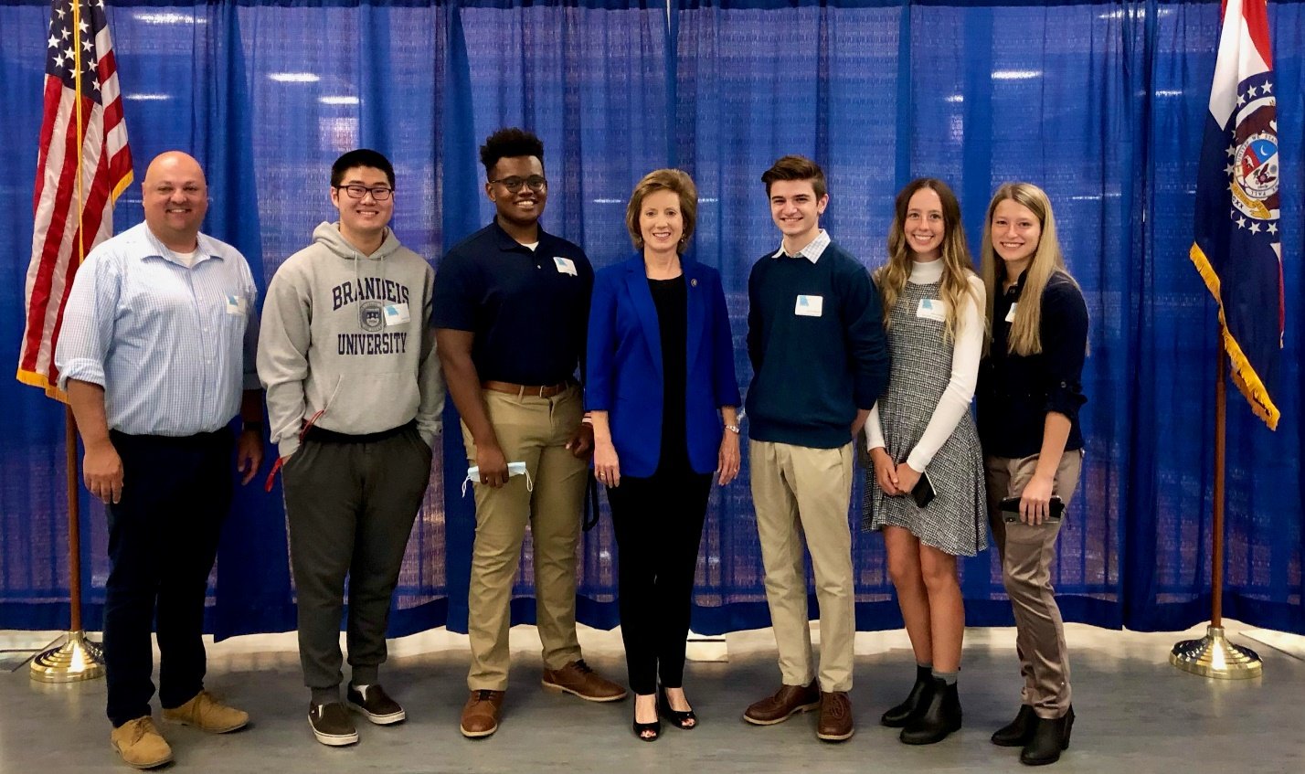 Students from Warrensburg  attend a  Youth Leadership Summit on Oct. 14 at State Fair Community College in Sedalia. From left, Teacher Glen Gillogly Jason Cho, James Saffold, Congresswoman Vicky Hartzler, Gavin Moore, Allie Griffiths and Allie Phelps