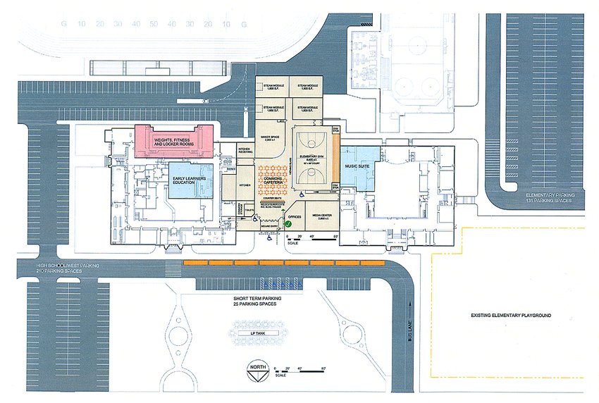 A revised site plan for the Ely school campus shows the full-size gymnasium in the addition between the Washington and Memorial buildings, and the expanded parking lots and student drop-off areas. submitted by Architectural Resources, Inc.
