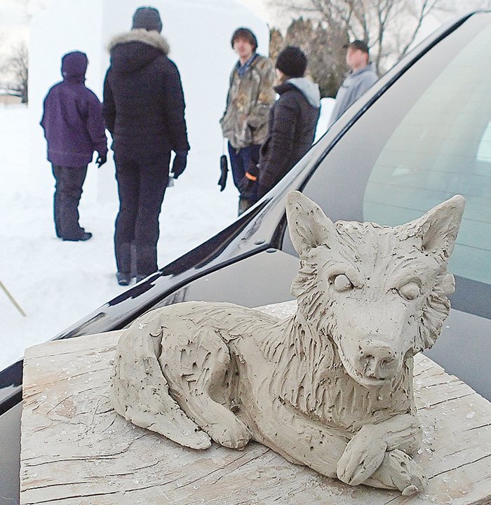 Students recreated this wolf model in a block of snow in Ely&rsquo;s Whiteside Park.
