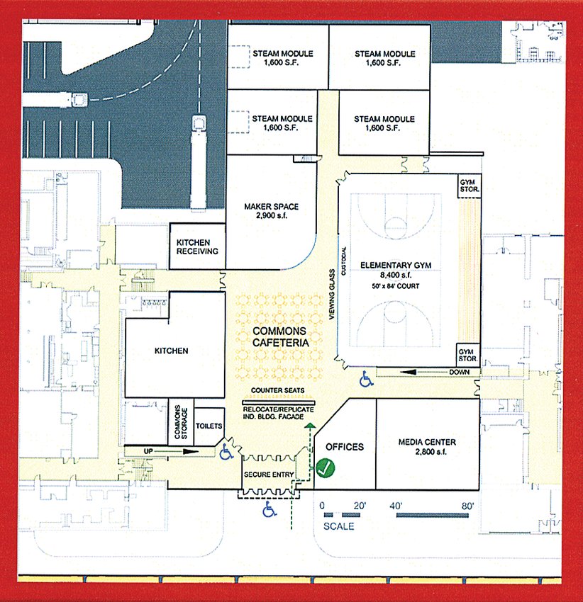The $19.8 million facility renovation plan for the Ely school district centers around a new building to be built between the Memorial building (on the left) and the Washington building (on the right). The existing Industrial Arts building and former heating plant will be removed to make room for the new structure.
