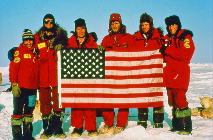 Will Steger and Paul Schurke, of Ely, are shown with their team at the North Pole in 1986. That dogsled and ski expedition that replicated   elements of Robert Peary&rsquo;s 1909 expedition that is the subject of a documentary being filmed in Ely.