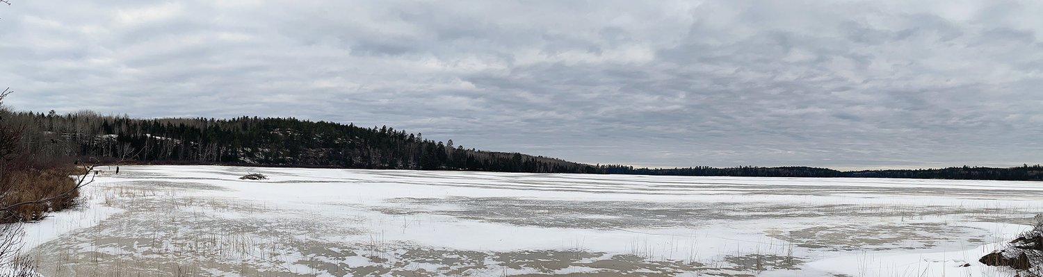 Looking to the northwest across the frozen expanse of Nina Moose Lake, located in the Boundary Waters Canoe Area Wilderness.