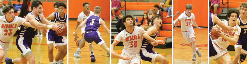 Mineola seniors in action, from left, Wylie Franks, De’Vontae Stephens, Kaleb Griffin, Colt Marlow and Kelby Bruner.