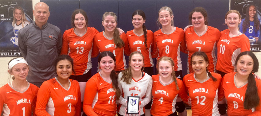 The Mineola 8th grade volleyball team includes, back from left, Coach VanDover, 13-Jadelyn Marshall, 14-Lucy Goodson, 5-Layla Kelley, 8-Clara Marlow, 7-Kenzi Banks, 10-Tori Kinder; and, front, 1-Caroline Castleberry, 3-Maddie Short, 11-Maiyah Gonzalez, 15-Raylie Peebles, 4-Addyson Blackwell, 12-Jaylee Nevarez and 8-Makena Quiambao.