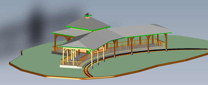 This rendering shows plans for a shaded loading and parking area and restrooms for the mini-train at Iron Horse Square Park in Mineola as proposed by the landmark commission.