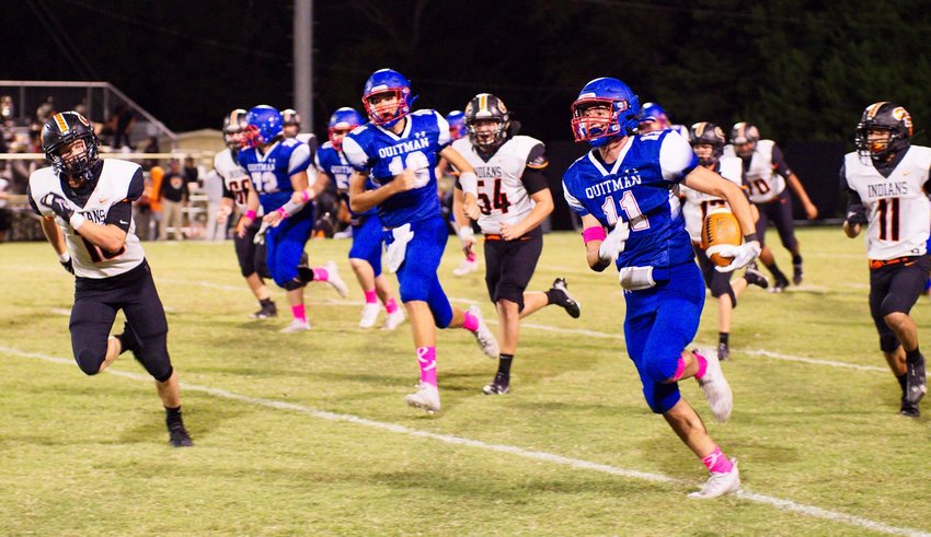 Carson Dickens, 11, gets off a nice run for the Quitman Bulldogs against Grand Saline Friday. Such offensive success was hard to find as the Bulldogs fell 43-0.